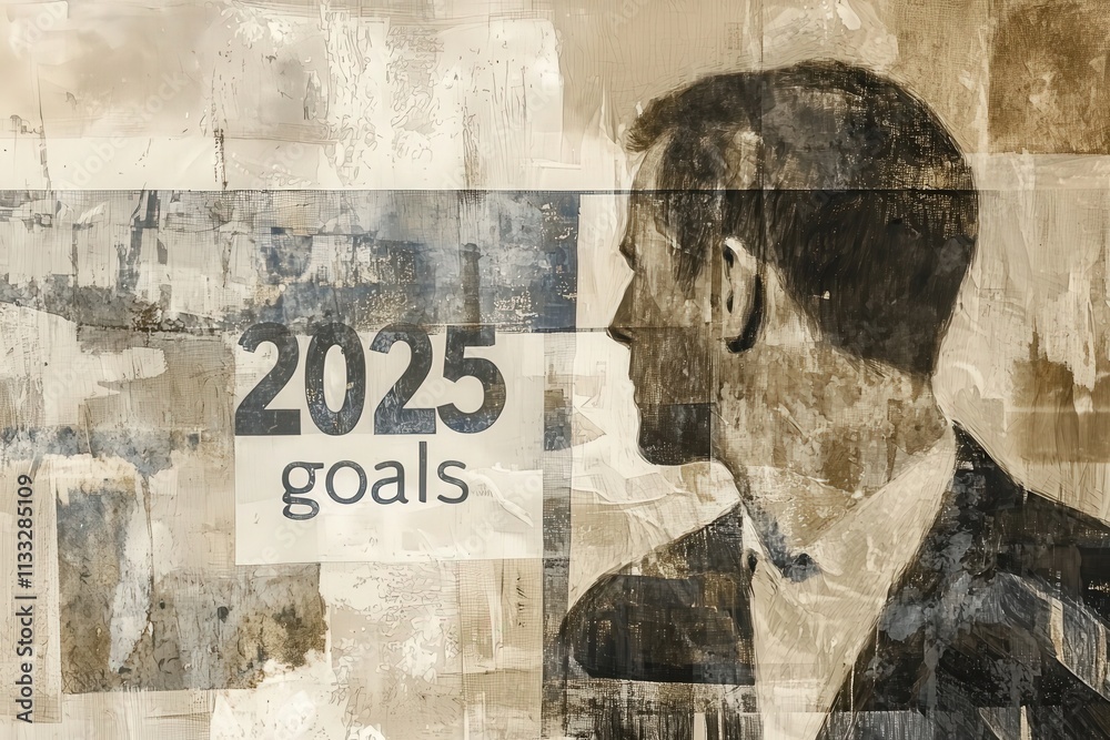 A thoughtful man gazes toward the future with the text 2025 goals prominently displayed. The artwork features abstract elements and tones, indicating a focus on planning and ambition.