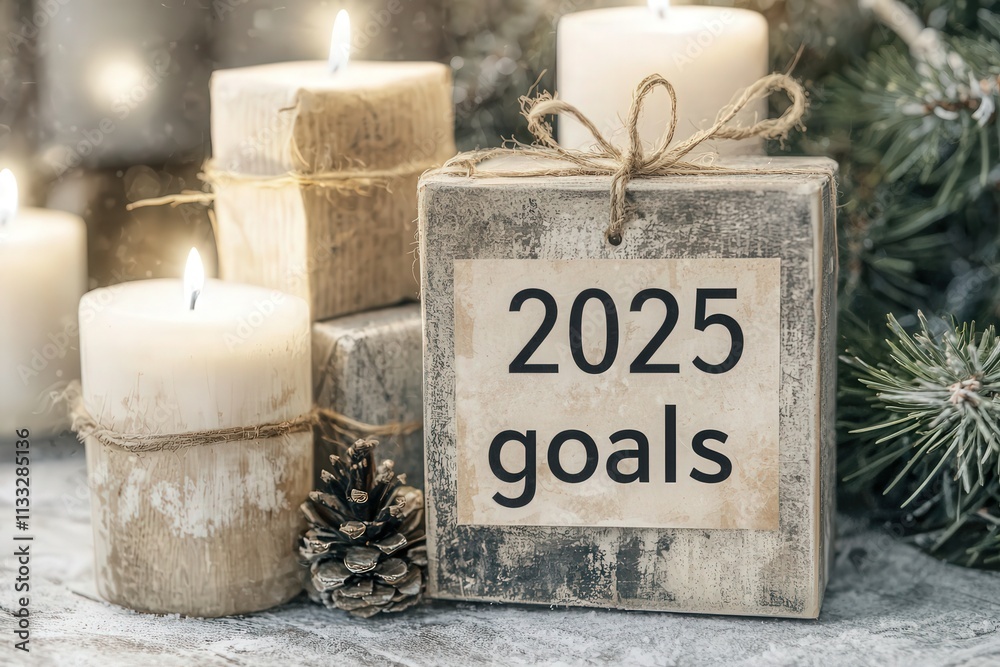 Decorative wooden blocks display the phrase 2025 goals surrounded by lit candles and pine cones, creating a warm and inviting atmosphere for setting intentions for the upcoming year.