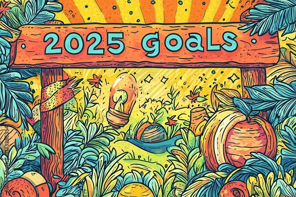A colorful illustration depicts the phrase 2025 goals on a wooden sign. Surrounding the sign are lush plants, bright sunshine, and playful icons symbolizing aspirations and growth.