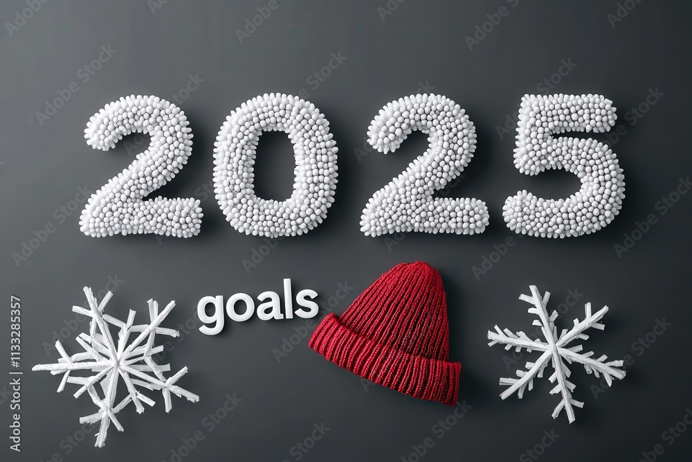 The composition features the number 2025 made from white beads, accompanied by a red winter hat, snowflakes, and the word goals, set against a dark background.