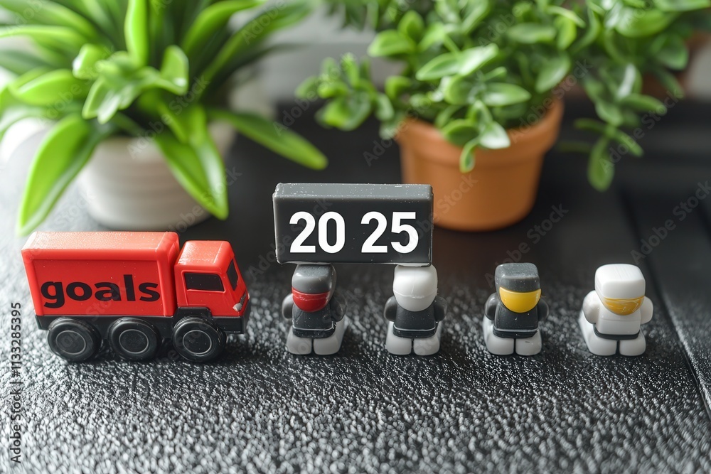 Colorful toy figures stand in line beside a small red truck labeled goals. A countdown sign shows 2025. The setup is arranged on a textured surface with potted plants in the background.