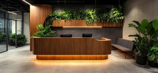 Poster - Modern reception area with wooden desk and lush greenery.