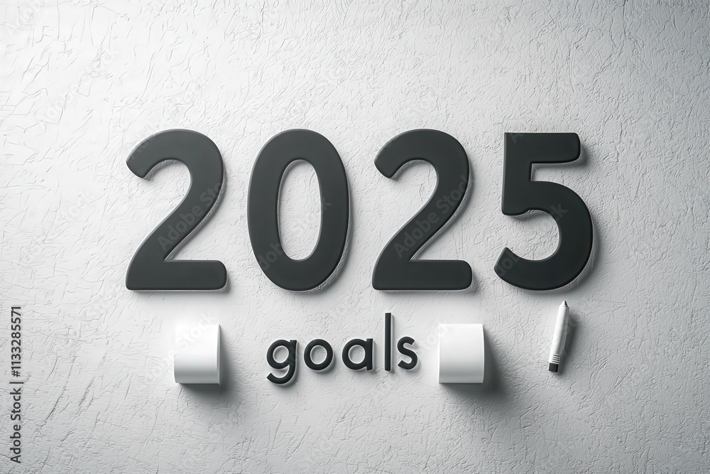 Bold numbers display the year 2025 alongside the word goals, emphasizing a motivational theme. A pen rests nearby, suggesting planning for future aspirations and achievements.