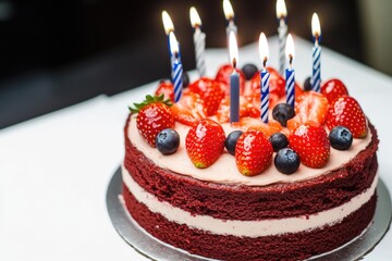 Poster - A delicious chocolate cake with fresh strawberries and blue candles, perfect for special occasions