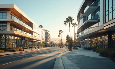 Poster - Modern urban street with palm trees and contemporary buildings at sunset.