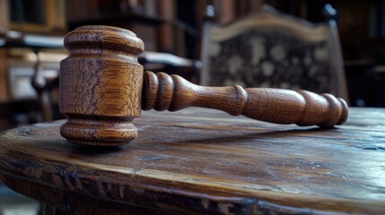 Poster - A wooden gavel resting on a wooden table, ready for use
