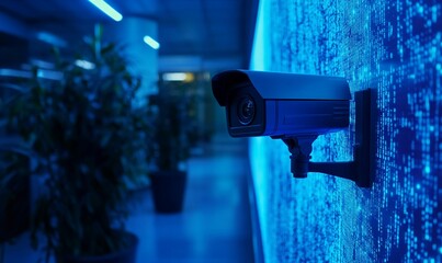 Poster - Surveillance camera mounted on a blue digital wall in a modern environment.