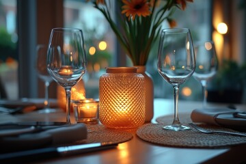 Aufkleber - A table setup with a vase of flowers and wine glasses, perfect for a dinner party or special occasion