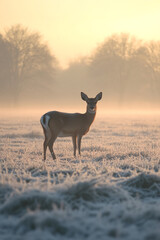 Aufkleber - Fawn standing in a frosty field at dawn with mist rising and trees in the background