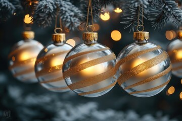 Poster - A festive scene with Christmas ornaments hanging from a decorated tree