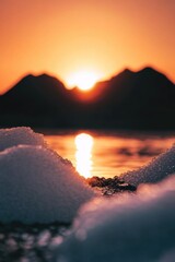Poster - A serene scene of the sun setting over melting ice, perfect for use in environmental or climate change-related projects
