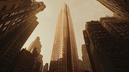 Poster - Amid a crowded cityscape, a tall building rises majestically, capturing the warm glow of evening light while surrounded by historic architecture and modern marvels