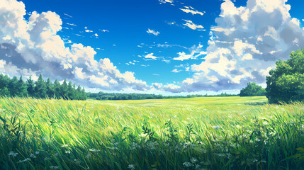 Wall Mural - Beautiful landscape with green grass, blue sky and white clouds. tranquil meadow or prairie with lush vegetation and scenic nature background. Meadow. Illustration