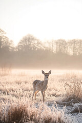 Poster - Young deer stands in frosty meadow during early morning light, surrounded by mist and frost-covered grass