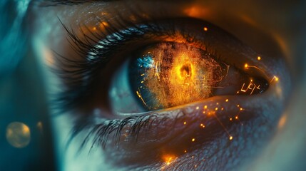 Poster - A close-up of an eye with a glowing, fiery effect and digital elements reflected in it.
