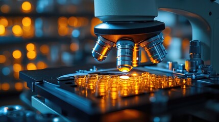 Wall Mural - A close-up view of a microscope sitting on a table, ready for use