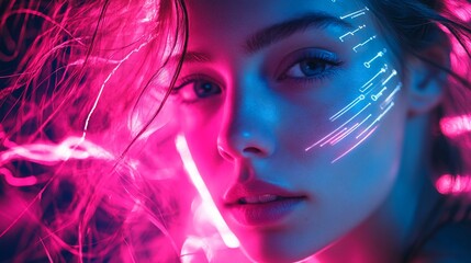 Aufkleber - A close-up portrait of a woman with neon light effects on her face.