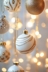 Poster - A single white and gold Christmas ornament hangs from a string, perfect for decorating your tree or giving as a gift