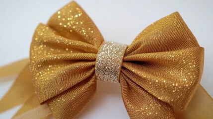 Canvas Print - A gold bow with glitter on a white surface