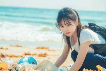 Poster - A woman kneels beside a pile of trash on the beach, highlighting environmental issues