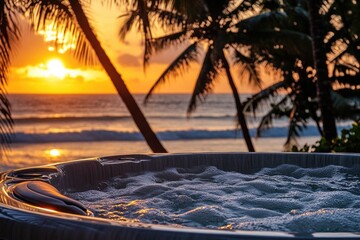 Poster - A hot tub sitting on the sand at the beach, perfect for relaxing or entertaining