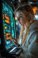 Poster - A woman sitting in front of a computer monitor, focused on the screen