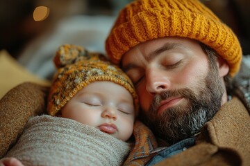 Poster - A father holds his baby close while wearing a hat