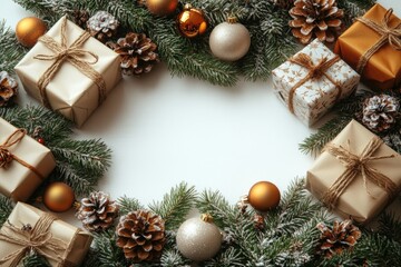 Poster - A festive wreath made from pine cones and wrapped gifts