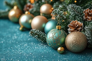 Poster - Close-up shot of festive Christmas decorations on a table, perfect for holiday greeting cards or social media posts