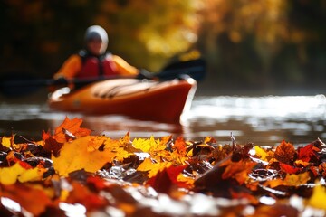 Poster - A person paddling a kayak on a calm lake with surrounding trees and vegetation
