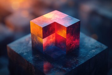 Poster - a small glowing cube sits on top of a wooden block, surrounded by a blurred background