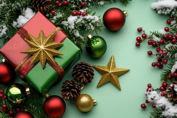 Poster - A green and red gift box decorated for Christmas with ornaments and lights