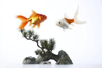 Poster - A pair of goldfish swim alongside a pine tree in a serene aquatic environment