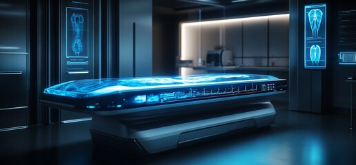 Poster - A futuristic medical examination table with holographic displays in a sleek lab environment.