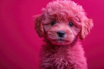 Wall Mural - A small pink puppy sits on a pink surface