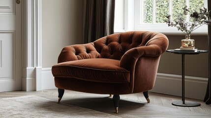 Poster - A sumptuous Mocha Mousse armchair in deep mocha invites relaxation, accentuated by elegant tufting and plush upholstery. Sunlight filters through the window, illuminating the tranquil living space