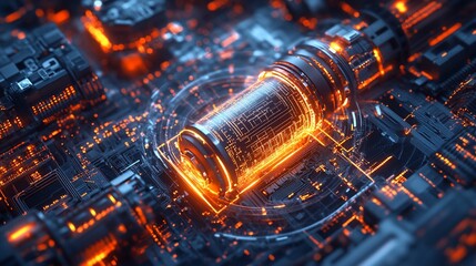 Poster - A futuristic, glowing energy core surrounded by intricate circuitry and digital patterns.