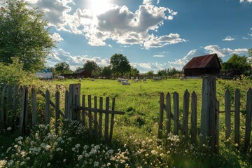 Aufkleber - Sheep grazing in a natural setting with a wooden fence in the background