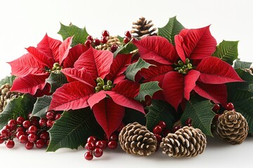 Poster - A bouquet of vibrant red poinsettias adorned with natural pine cones and berries