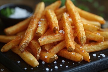 Poster - Freshly cooked French fries arranged on a clean cutting board, ready for serving or topping