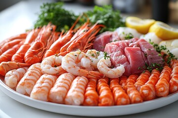 Poster - A plate of shrimp, shrimp, and meat on a table, perfect for a seafood dinner or snack