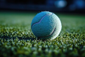 Poster - A single tennis ball sits atop a vibrant green grassy field, perfect for outdoor sports and recreation