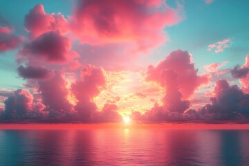 Poster - A serene image of a sunset over the ocean, with fluffy clouds adding depth and texture
