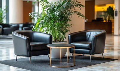 Poster - A modern seating area with two black chairs and a small table, surrounded by greenery.