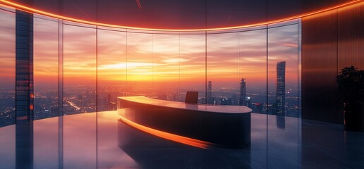 Poster - A modern office space with a sleek desk and a stunning sunset view through large windows.