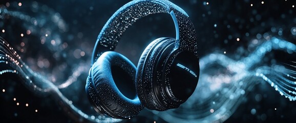 Poster - A pair of headphones surrounded by dynamic sound waves in a digital setting.