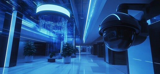 Poster - A modern, high-tech lobby featuring surveillance and vibrant lighting.