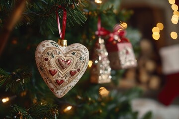 Poster - A heart-shaped decoration hangs from a Christmas tree branch, adding a touch of love and romance to the holiday season
