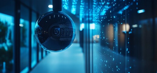 Poster - A security camera captures a modern, tech-inspired hallway illuminated by blue lights.