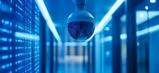Poster - A security camera captures a corridor illuminated with blue lights and digital patterns.